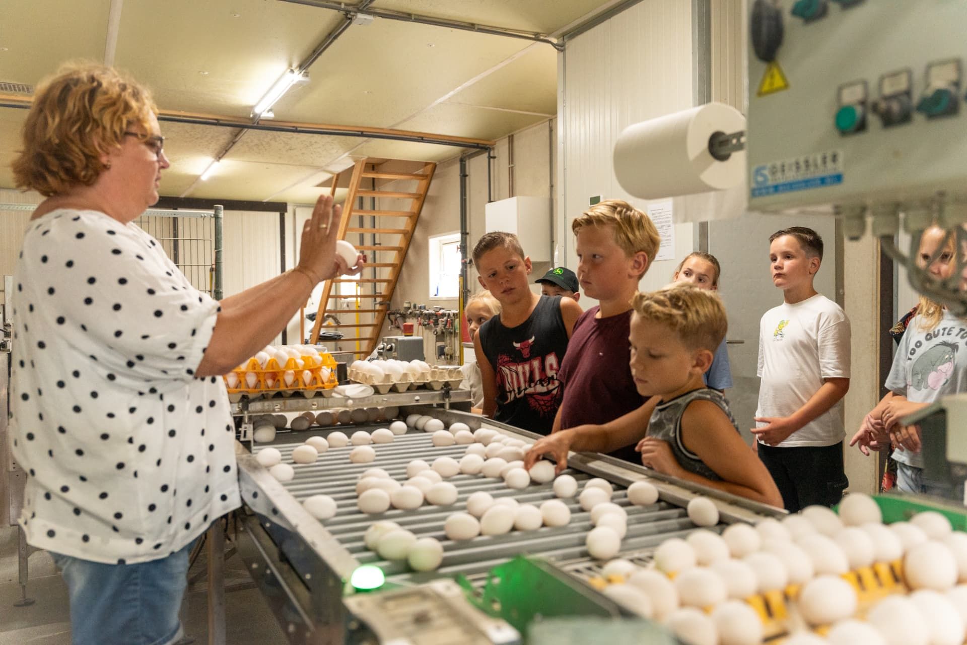 Boerin geeft uitleg bij de eiersorteermachine