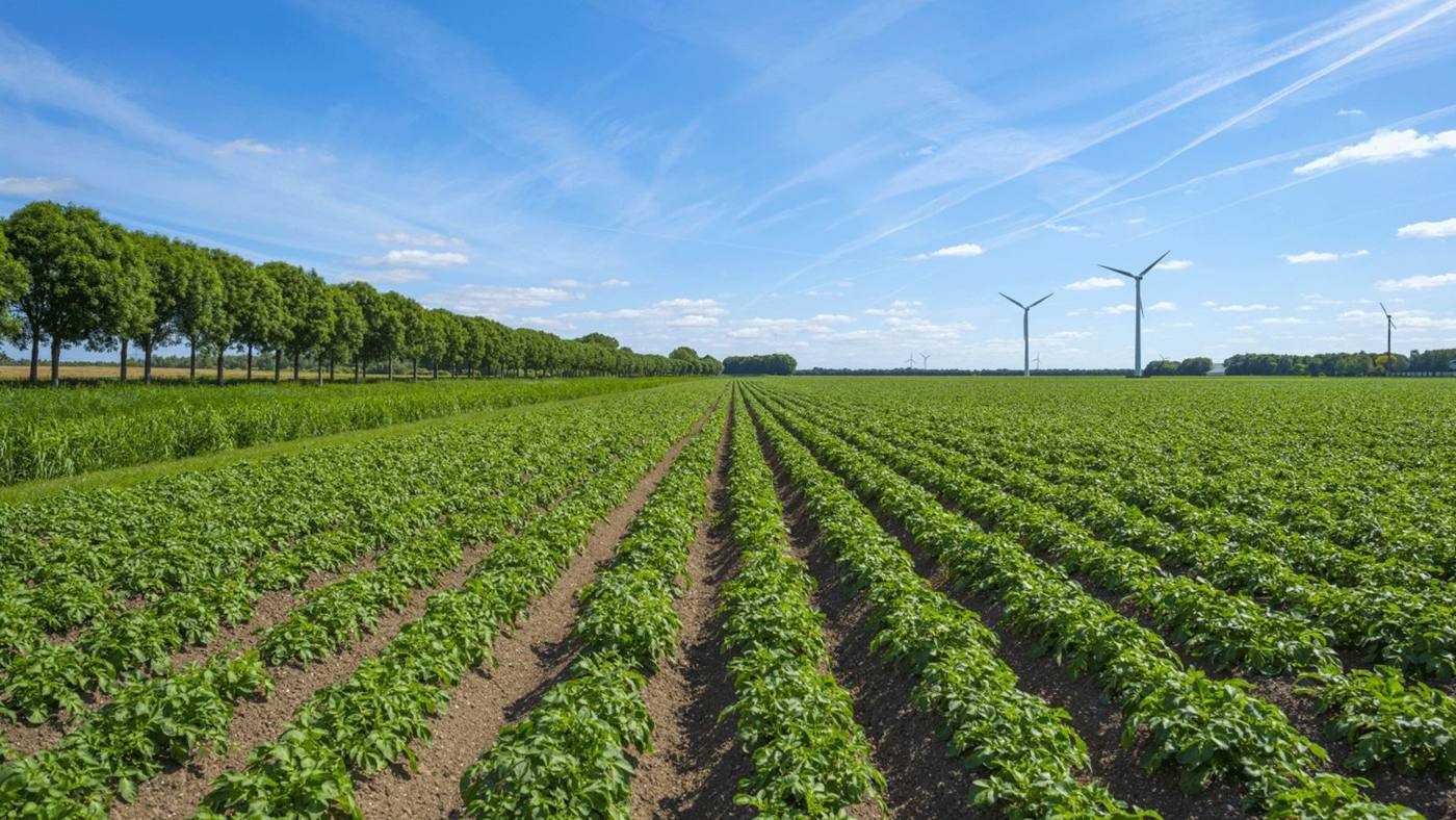 Flevolandse akker met lange gewasrijen en windmolens